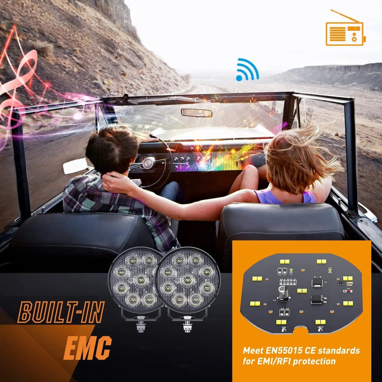 Motor Vehicle Lighting 4 Inch 27W 3370LM Round Flood Built-in EMC LED Work Lights (Pair)