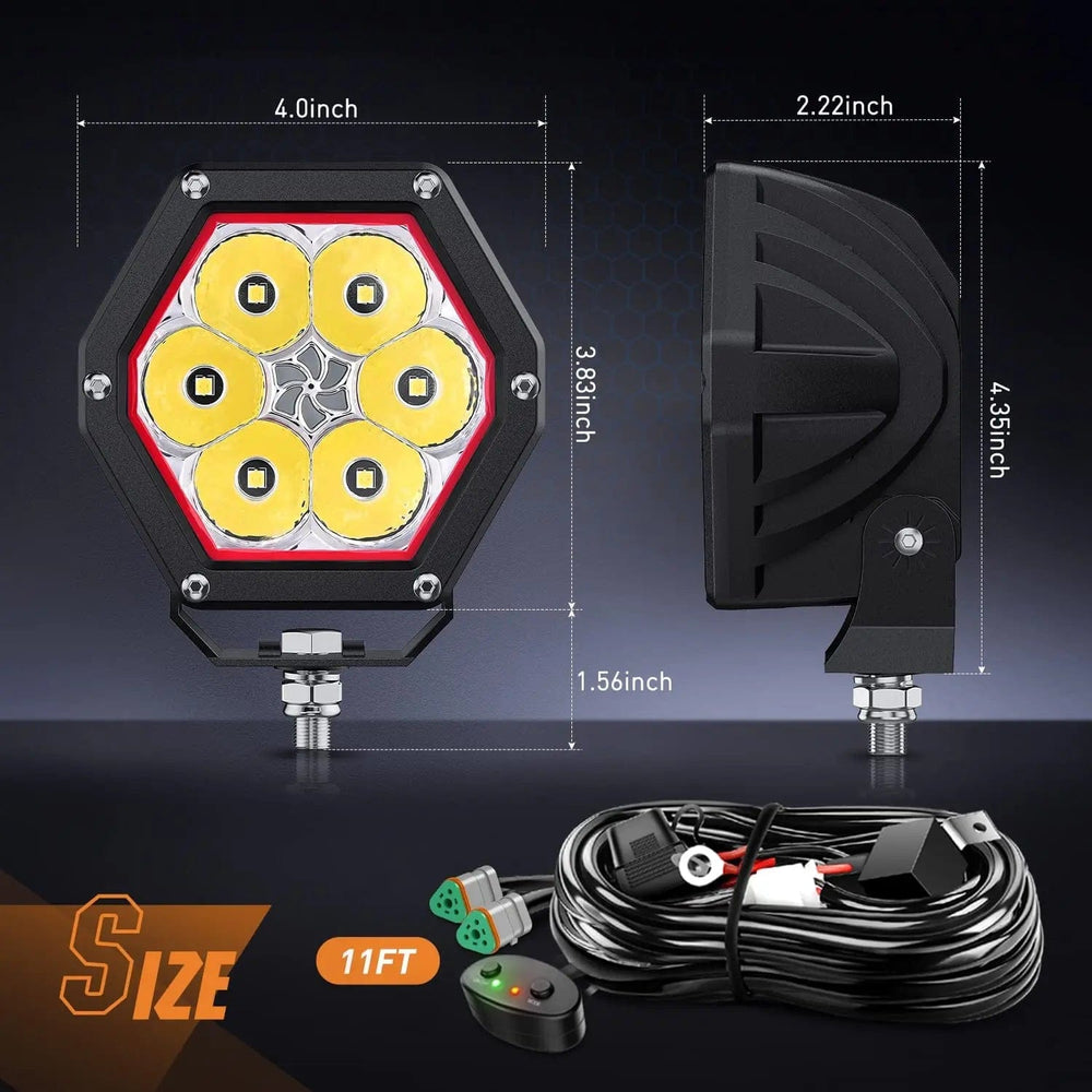 LED Work Light 4 Inch 30W 2600LM Hexagon DRL Spot LED Pods (Pair) | 16AWG DT Wire