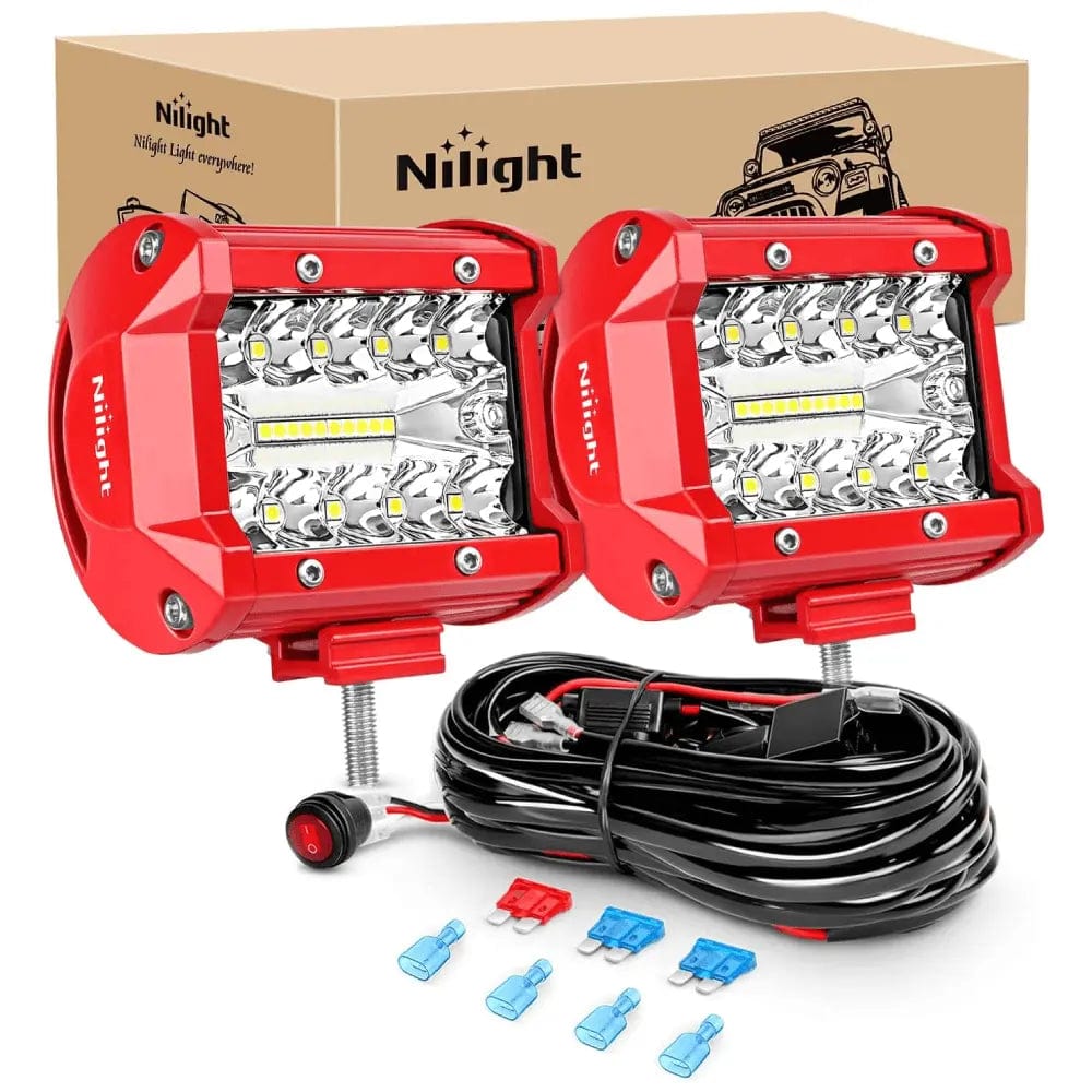LED Light Bar 4 Inch 60W Triple Row Red Case Spot Flood LED Light Bars (Pair) | 16AWG Wire 3Pin Switch
