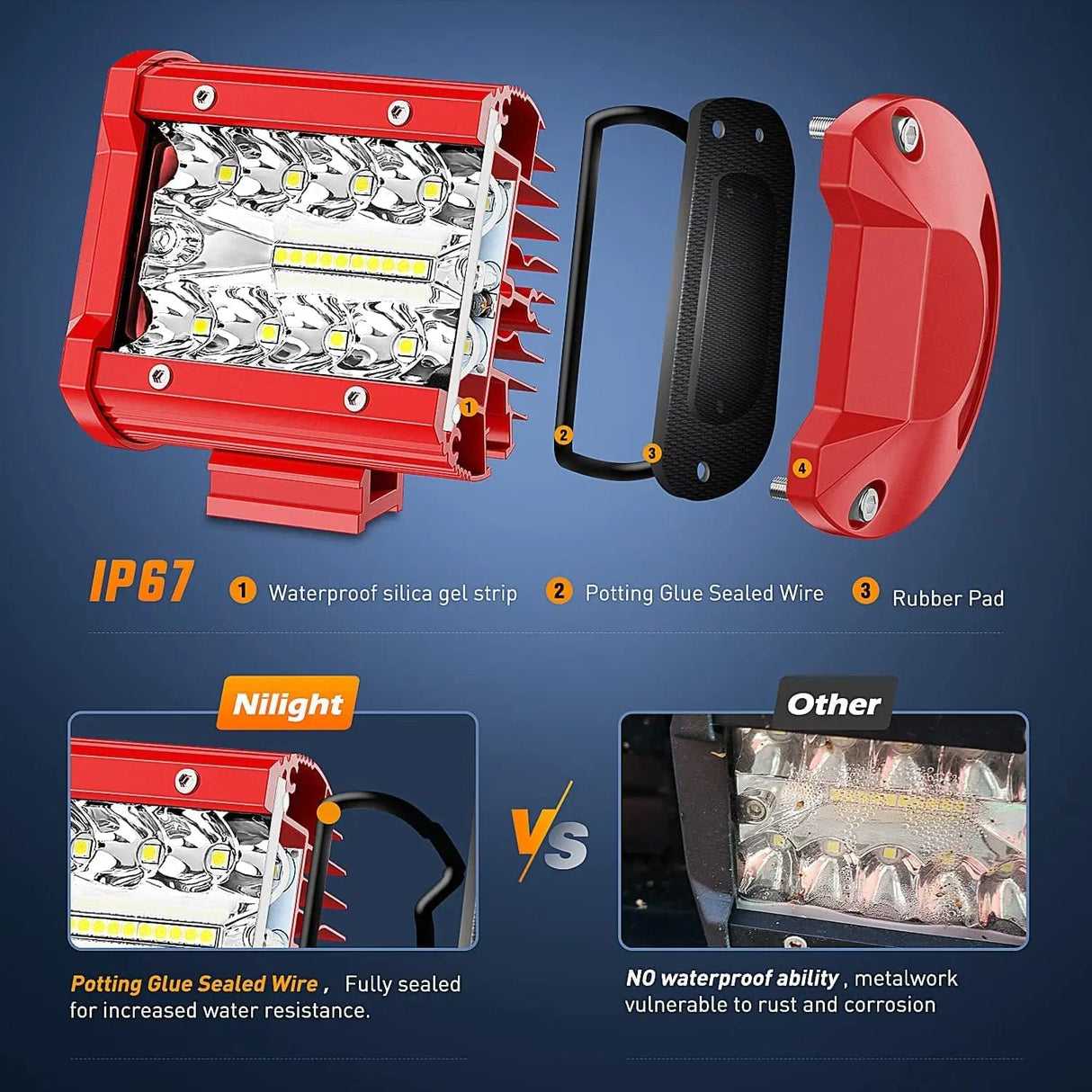 LED Light Bar 4 Inch 60W Triple Row Red Case Spot Flood LED Light Bars (Pair) | 16AWG Wire 3Pin Switch
