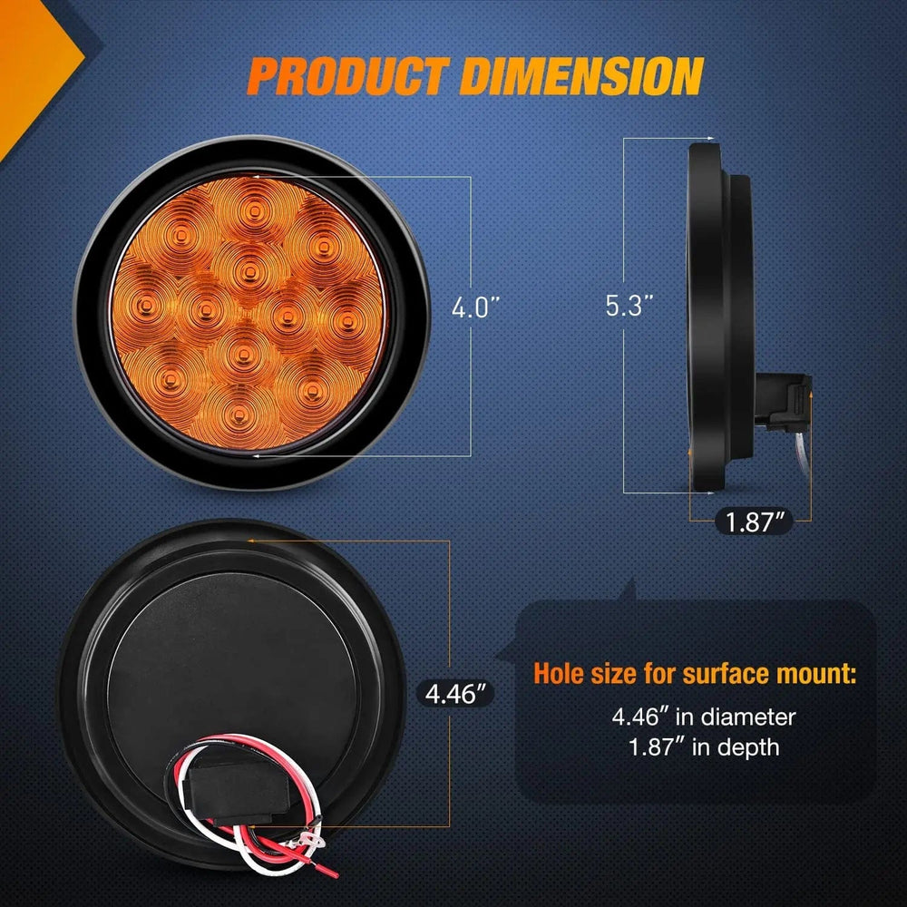 Tail Brake Turn Reverse Lights 4 Inch Amber Round 12Leds Tail Light (Pair)