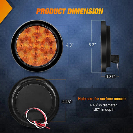 Tail Brake Turn Reverse Lights 4 Inch Amber Round 12Leds Tail Light (Pair)