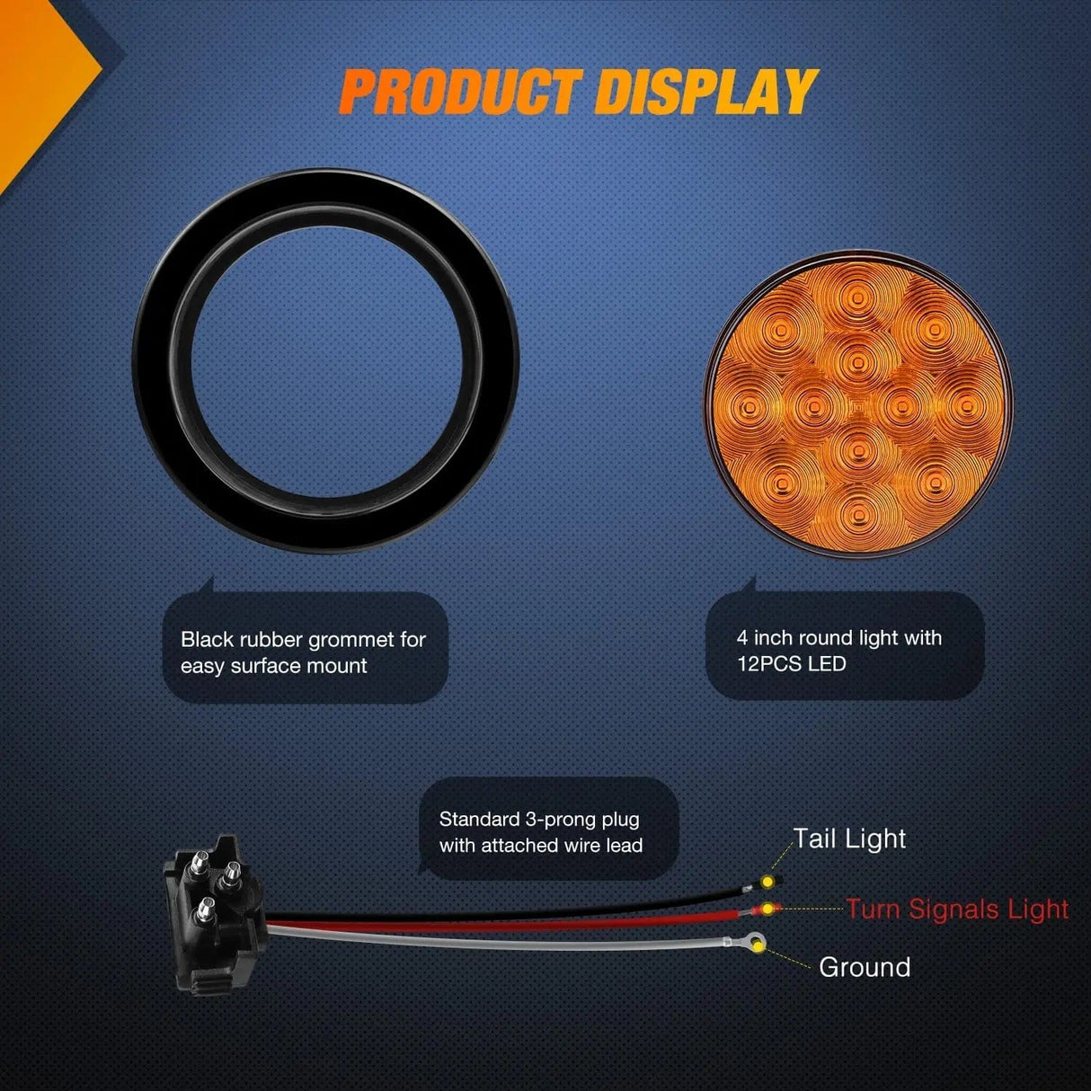 Tail Brake Turn Reverse Lights 4 Inch Amber Round 12Leds Tail Light (Pair)