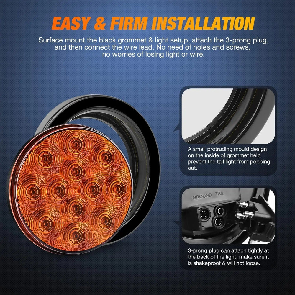 Tail Brake Turn Reverse Lights 4 Inch Amber Round 12Leds Tail Light (Pair)