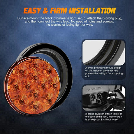 Tail Brake Turn Reverse Lights 4 Inch Amber Round 12Leds Tail Light (Pair)