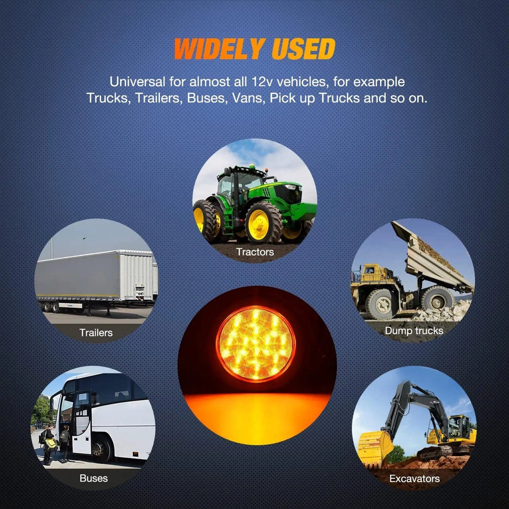 Tail Brake Turn Reverse Lights 4 Inch Amber Round 12Leds Tail Light (Pair)