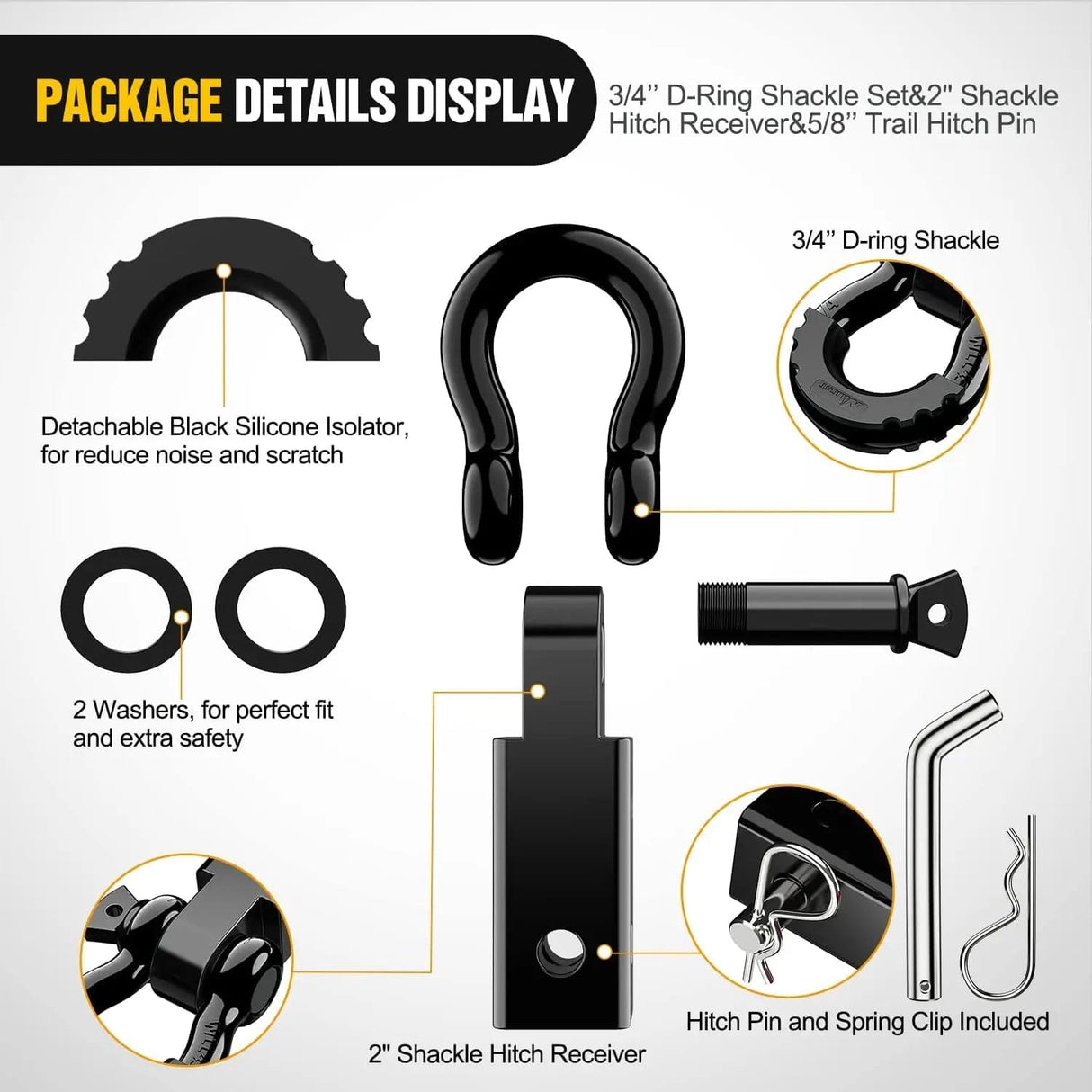 Towing Winch Shackles 2 Inch Shackle Hitch Receiver 3/4 Inch D Ring Kit Black