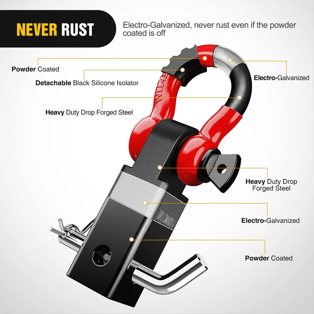 Towing Winch Shackles 2 Inch Shackle Hitch Receiver 3/4 Inch D Ring Kit Black Red