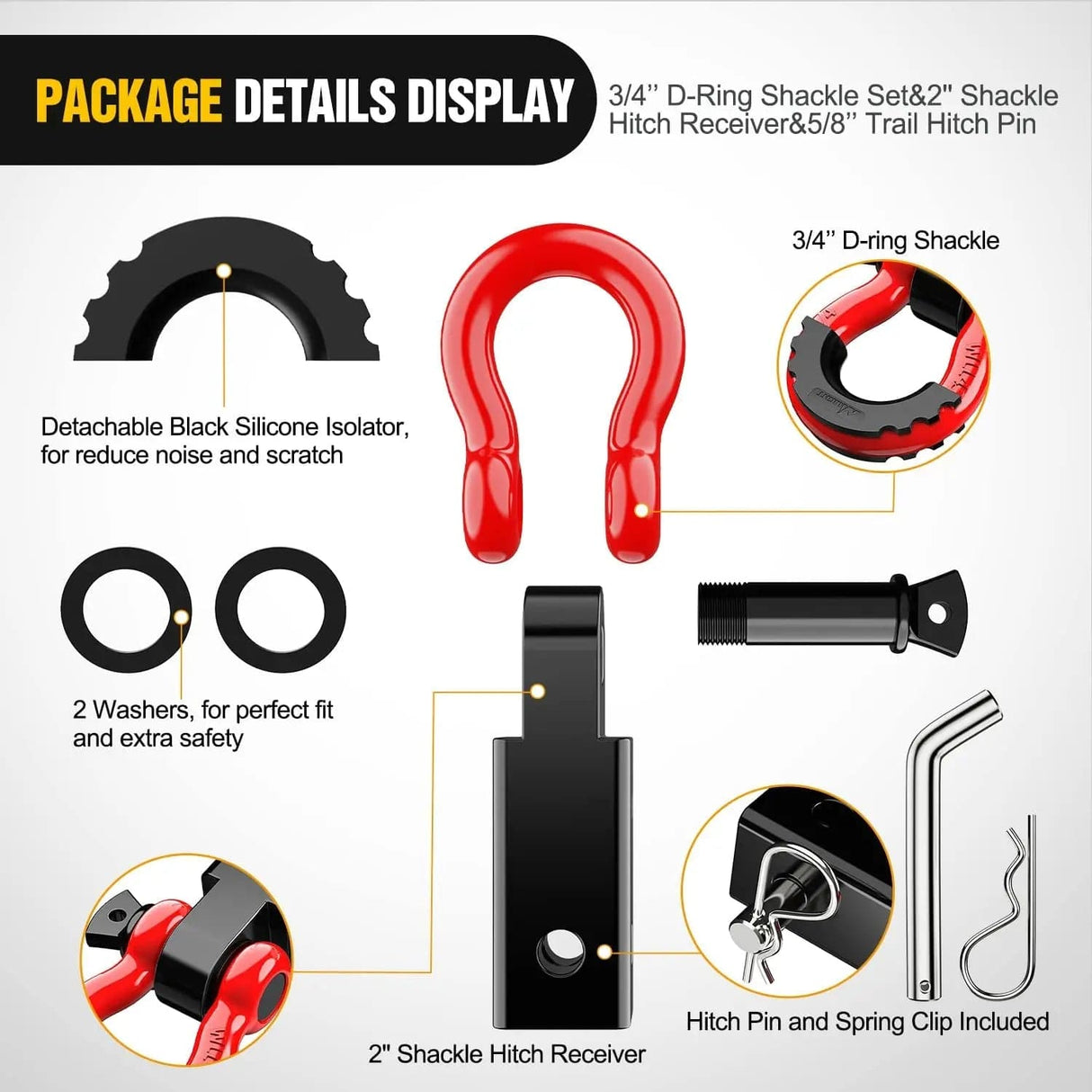 Towing Winch Shackles 2 Inch Shackle Hitch Receiver 3/4 Inch D Ring Kit Black Red