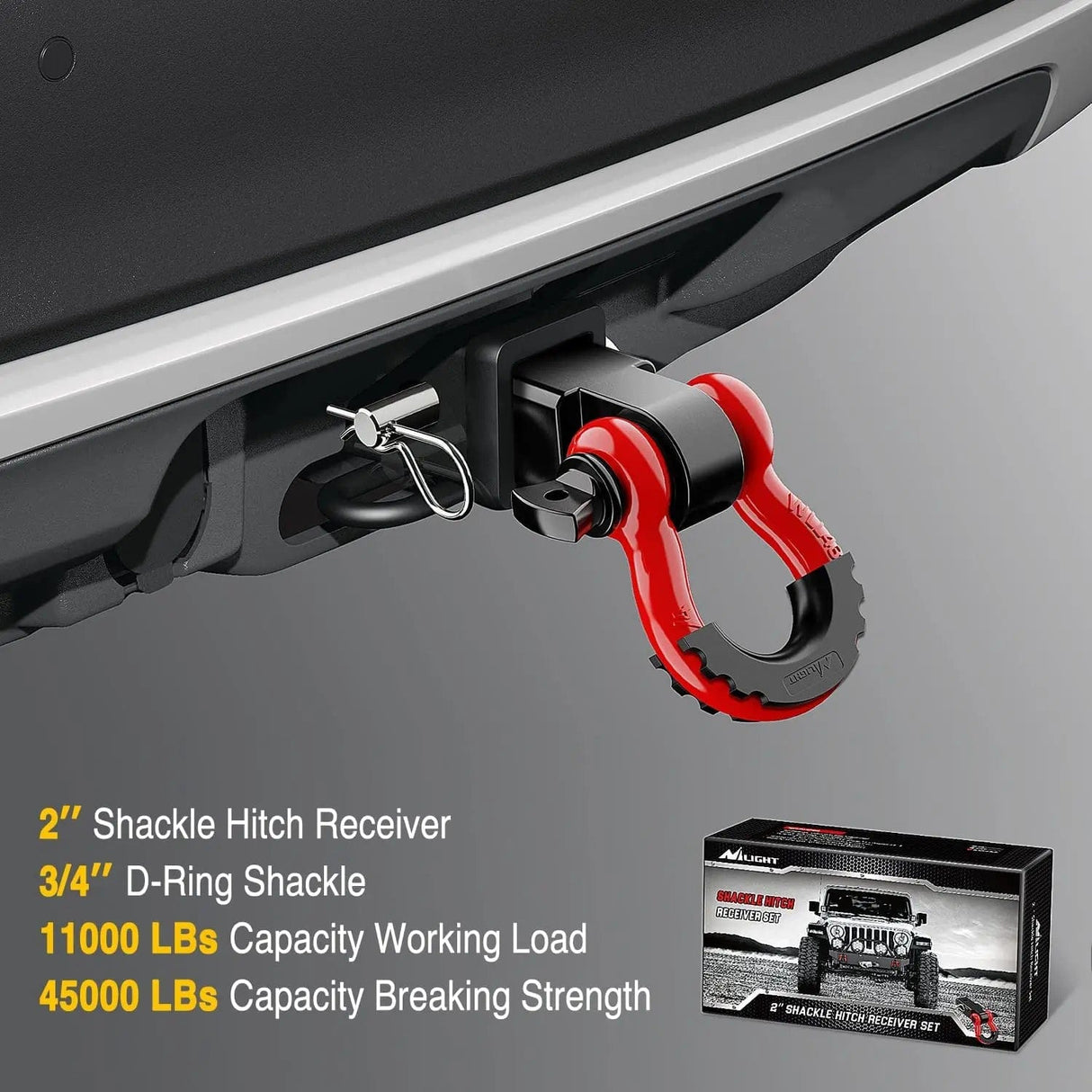 Towing Winch Shackles 2 Inch Shackle Hitch Receiver 3/4 Inch D Ring Kit Black Red