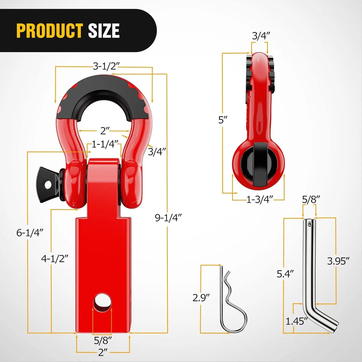 Towing Winch Shackles 2 Inch Shackle Hitch Receiver 3/4 Inch D Ring Kit Red
