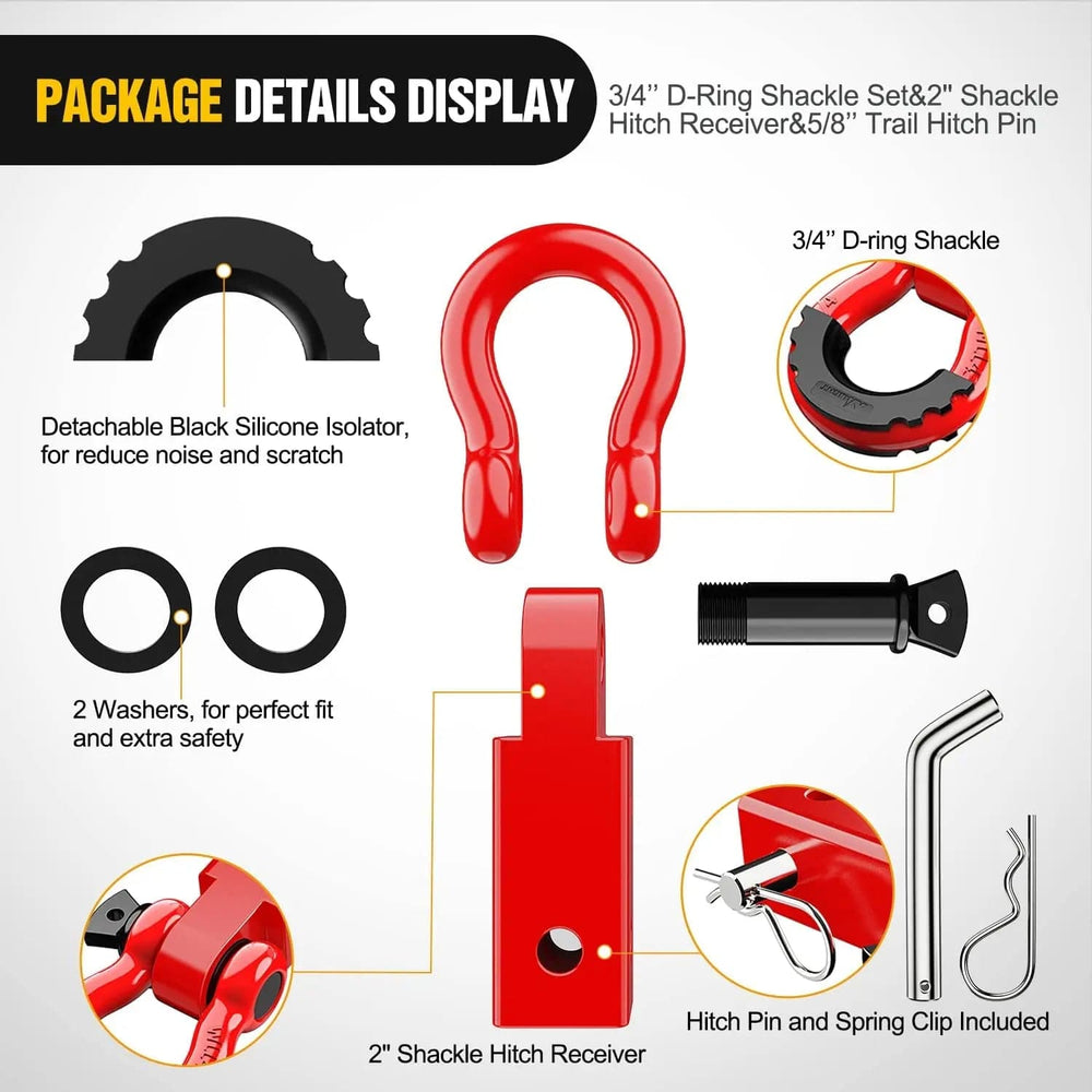 Towing Winch Shackles 2 Inch Shackle Hitch Receiver 3/4 Inch D Ring Kit Red