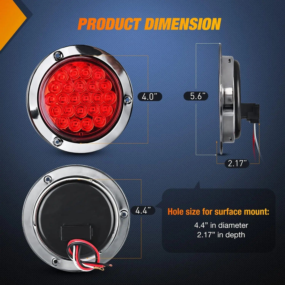 Tail Brake Turn Reverse Lights 4 Inch Red Round Steel Chrome 24Leds Tail Light (Pair)