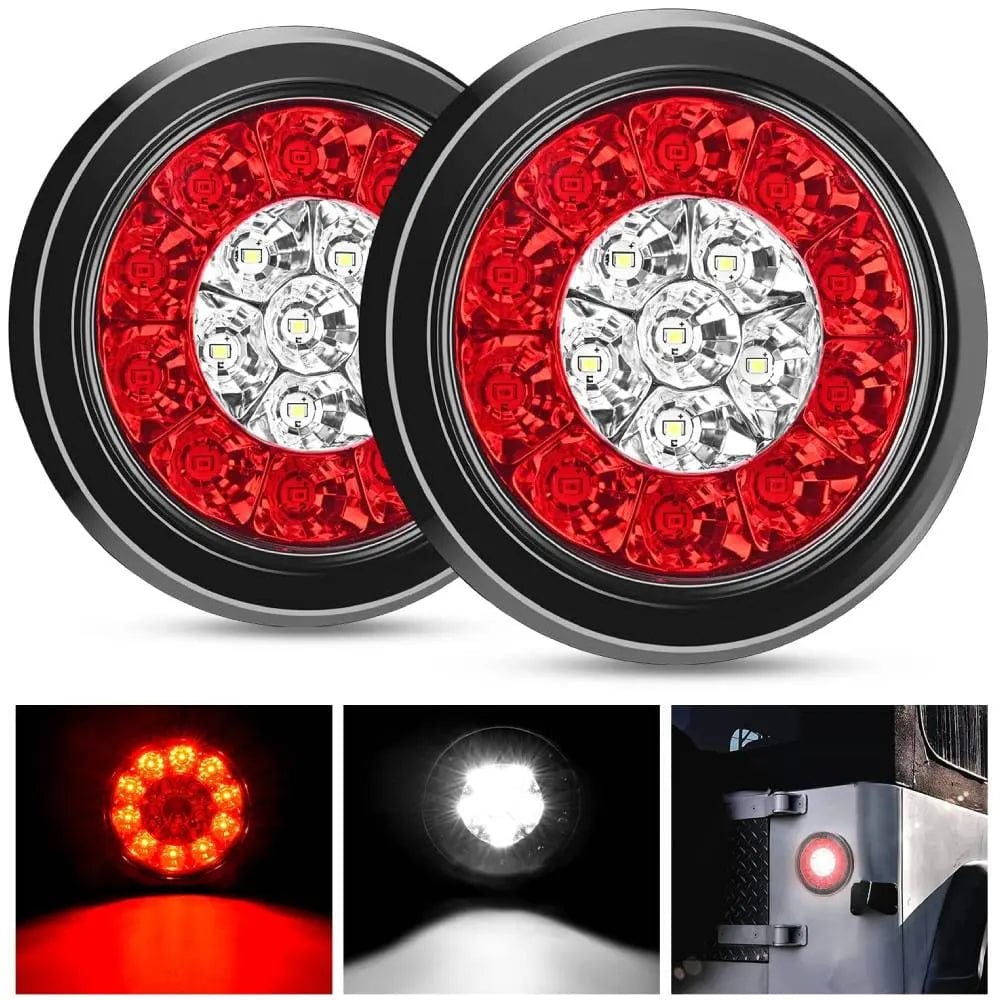 Tail Brake Turn Reverse Lights 4 Inch White Red Round 16Leds Tail Light Flush Mount Grommets (Pair)