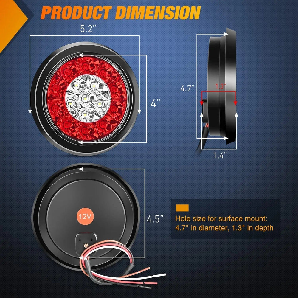Tail Brake Turn Reverse Lights 4 Inch White Red Round 16Leds Tail Light Flush Mount Grommets (Pair)