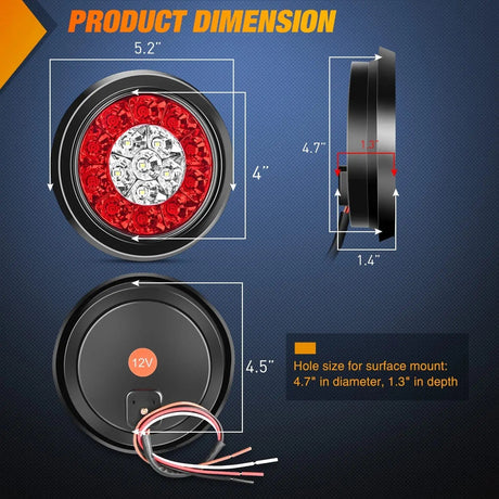 Tail Brake Turn Reverse Lights 4 Inch White Red Round 16Leds Tail Light Flush Mount Grommets (Pair)