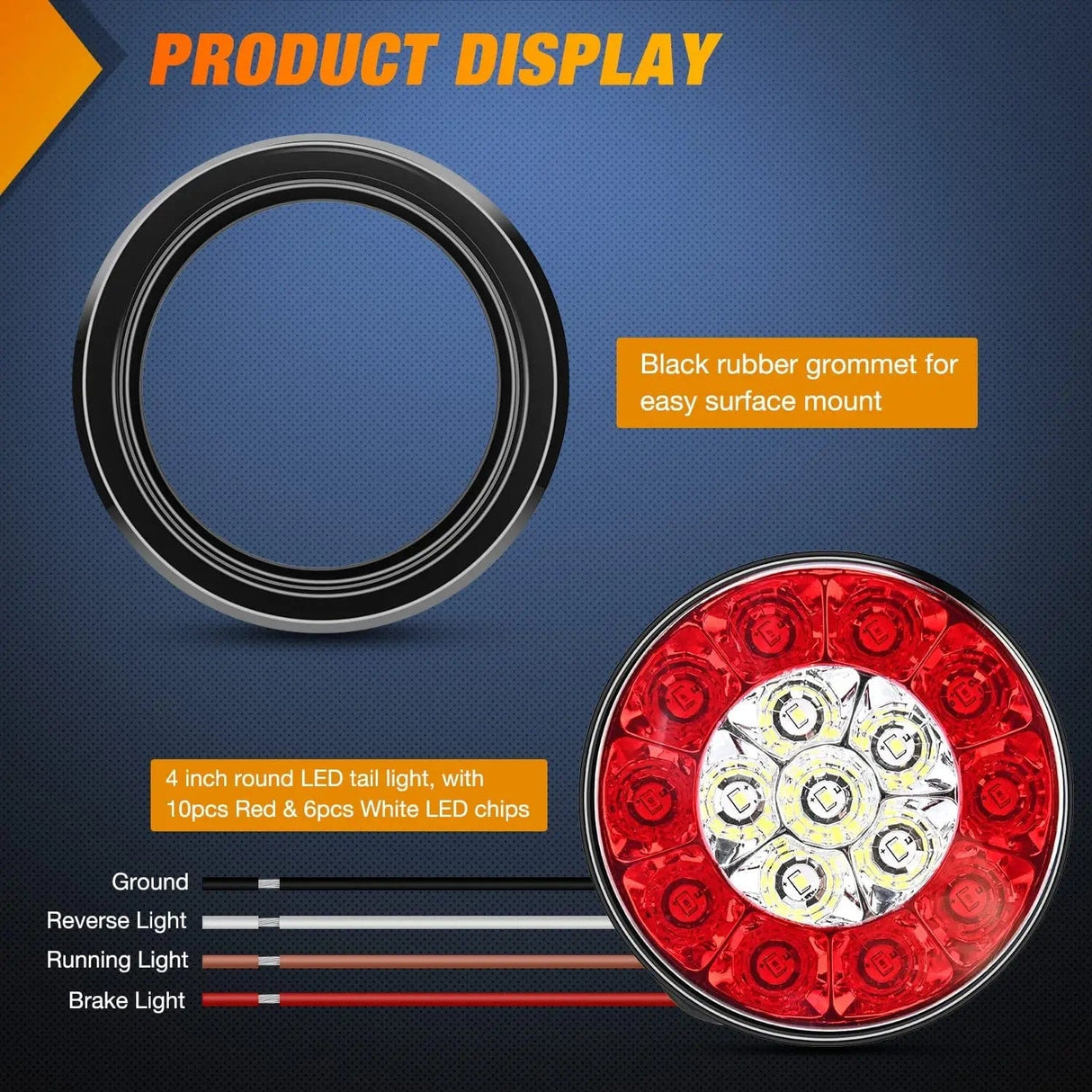 Tail Brake Turn Reverse Lights 4 Inch White Red Round 16Leds Tail Light Flush Mount Grommets (Pair)