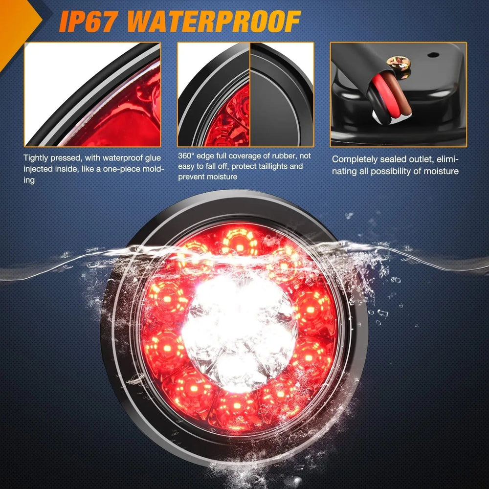 Tail Brake Turn Reverse Lights 4 Inch White Red Round 16Leds Tail Light Flush Mount Grommets (Pair)