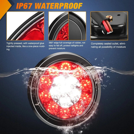Tail Brake Turn Reverse Lights 4 Inch White Red Round 16Leds Tail Light Flush Mount Grommets (Pair)
