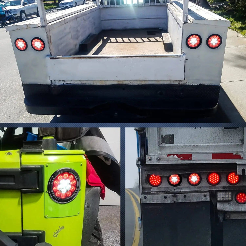 Tail Brake Turn Reverse Lights 4 Inch White Red Round 16Leds Tail Light Flush Mount Grommets (Pair)