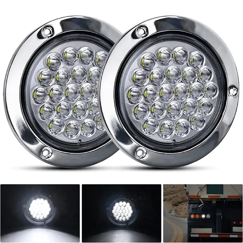 Tail Brake Turn Reverse Lights 4 Inch White Round Steel Chrome 24Leds Tail Light (Pair)