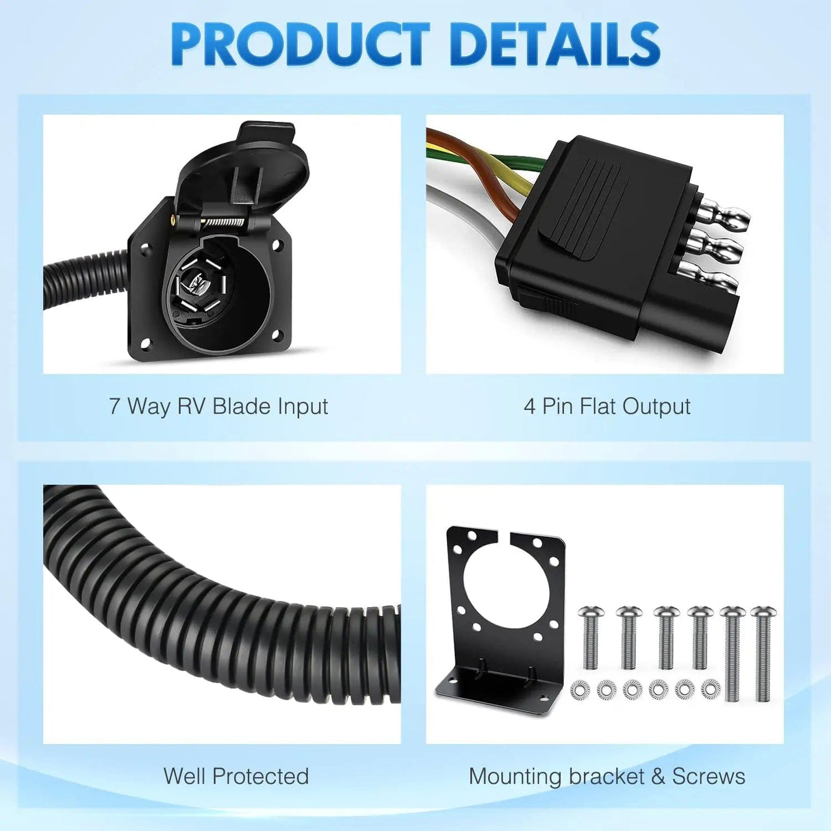 Wiring Harness Kit 4 Way Flat to 7 Way Round Trailer Adapter Plug