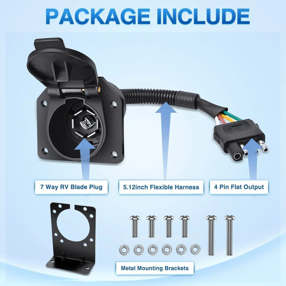 Wiring Harness Kit 4 Way Flat to 7 Way Round Trailer Adapter Plug