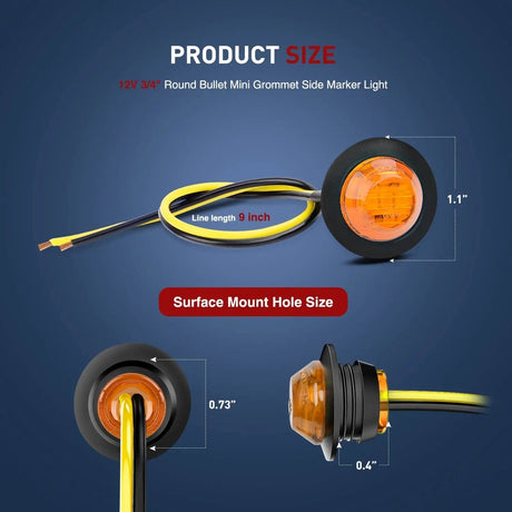 Side Marker Clearance Lights 3/4 inch Amber Round LED Marker Lights (50 Pcs)