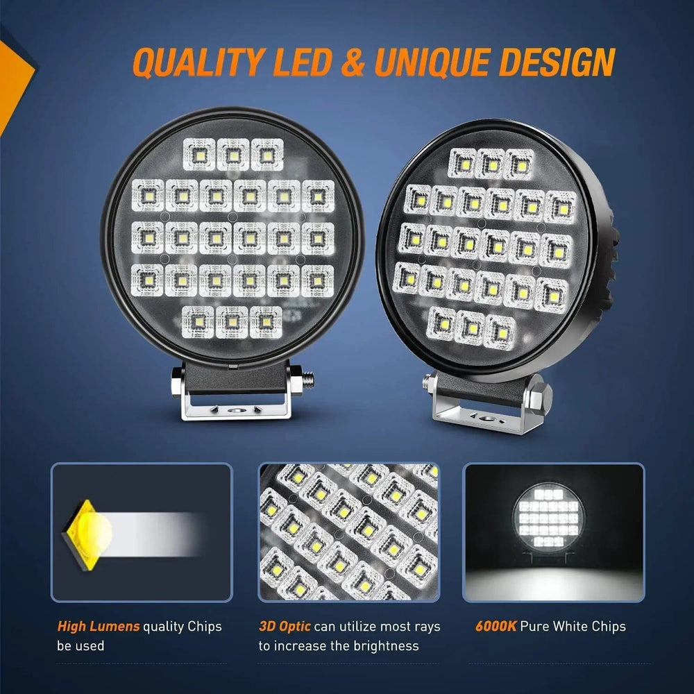 LED Work Light 4.3 Inch 72W 5760LM Round Flood Toggle Switch LED Work Lights (Pair)
