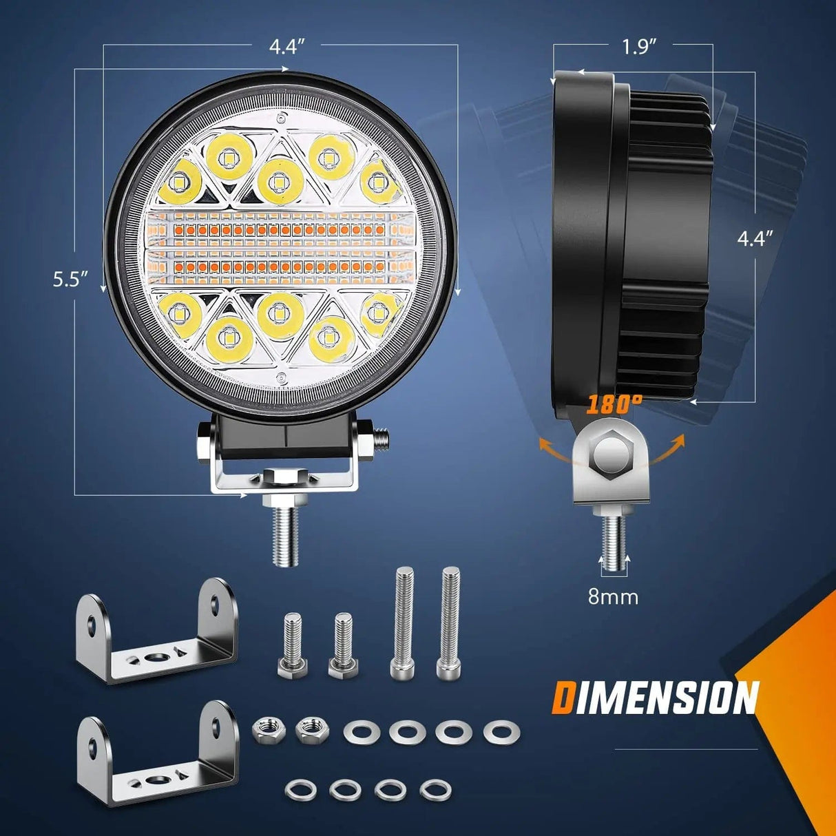 LED Work Light 4.5 Inch 27W Amber White Round Spot Flood LED Work Lights (Pair) | 16AWG DT Wire