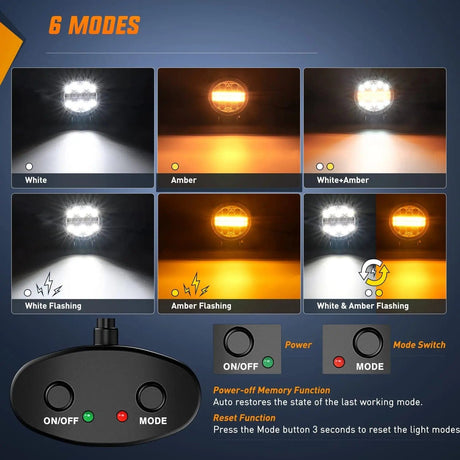 LED Work Light 4.5 Inch 27W Amber White Round Spot Flood LED Work Lights (Pair) | 16AWG DT Wire