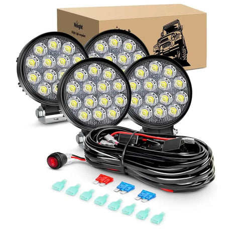 Motor Vehicle Lighting 4.5 Inch 42W 4200LM Round Flood LED Work Lights (2 Pairs) | 16AWG Wire 3Pin Switch