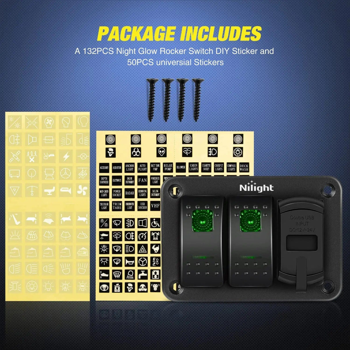 Rocker Switch 2Gang Green Rocker Switch Panel w/ 4.8 Amp Dual USB Charger Voltmeter