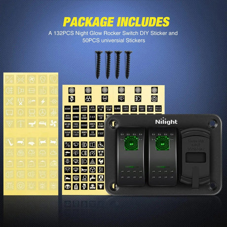 Rocker Switch 2Gang Green Rocker Switch Panel w/ 4.8 Amp Dual USB Charger Voltmeter