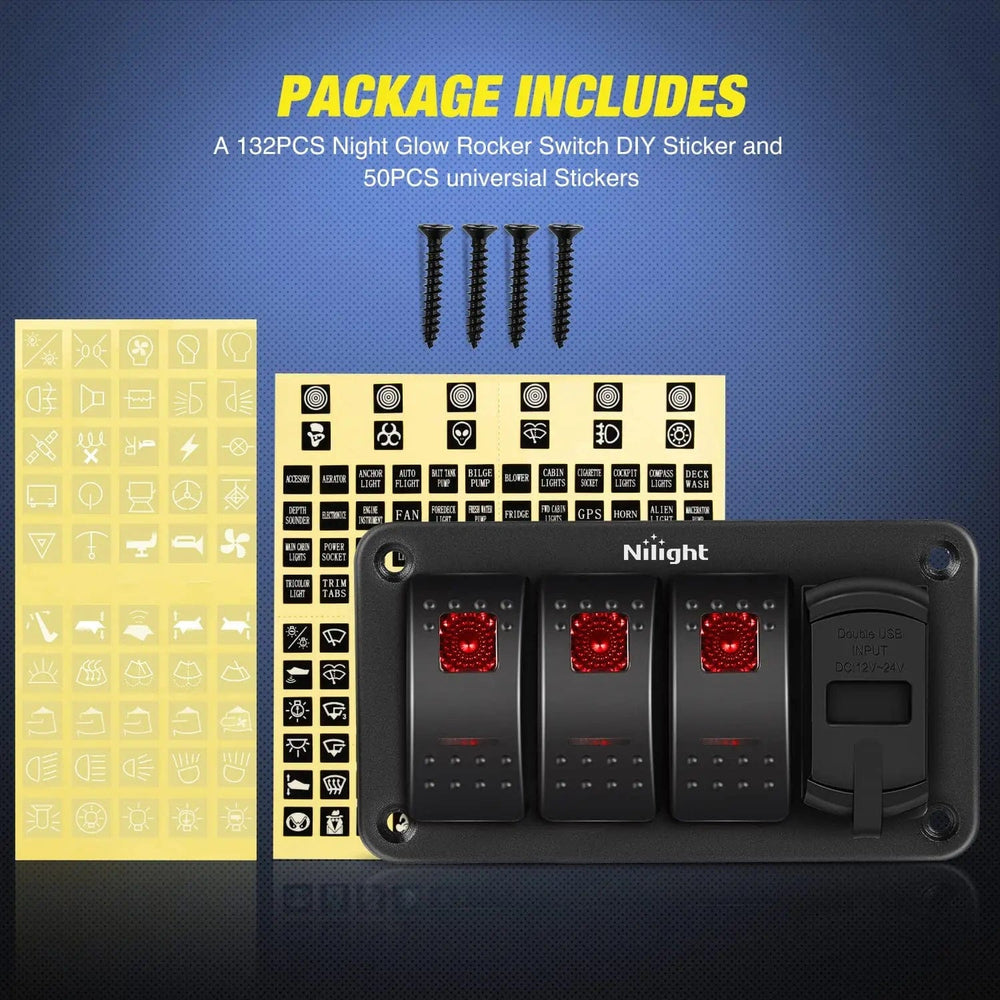 Rocker Switch 3Gang Aluminum 5Pin ON/Off Red Rocker Switch Panel w/ 4.8 Amp Dual USB Charger Voltmeter