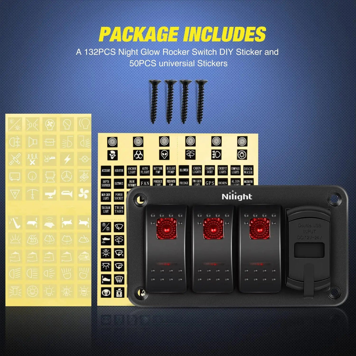 Rocker Switch 3Gang Aluminum 5Pin ON/Off Red Rocker Switch Panel w/ 4.8 Amp Dual USB Charger Voltmeter