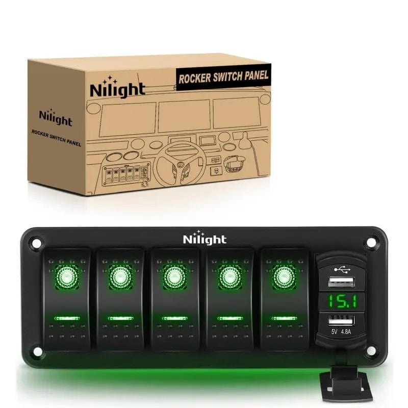 Rocker Switch 5Gang Aluminum 5Pin ON/Off Green Rocker Switch Panel w/ 4.8 Amp Dual USB Charger Voltmeter