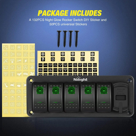 Rocker Switch 5Gang Aluminum 5Pin ON/Off Green Rocker Switch Panel w/ 4.8 Amp Dual USB Charger Voltmeter