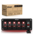 Rocker Switch 5Gang Aluminum 5Pin ON/Off Red Rocker Switch Panel w/ 4.8 Amp Dual USB Charger Voltmeter