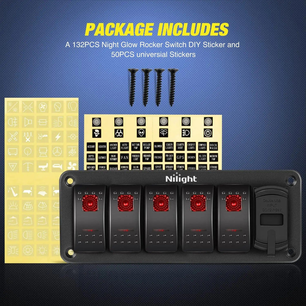 Rocker Switch 5Gang Aluminum 5Pin ON/Off Red Rocker Switch Panel w/ 4.8 Amp Dual USB Charger Voltmeter