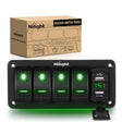 Rocker Switch 4Gang Aluminum 5Pin ON/Off Green Rocker Switch Panel w/ 4.8 Amp Dual USB Charger Voltmeter