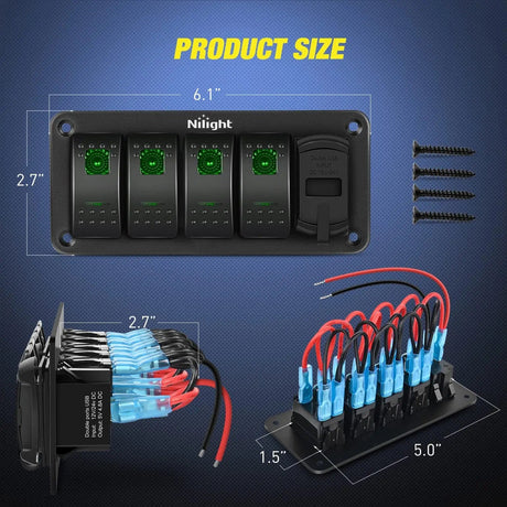 Rocker Switch 4Gang Aluminum 5Pin ON/Off Green Rocker Switch Panel w/ 4.8 Amp Dual USB Charger Voltmeter
