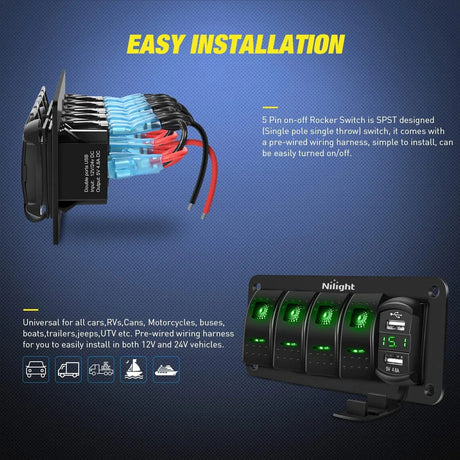 Rocker Switch 4Gang Aluminum 5Pin ON/Off Green Rocker Switch Panel w/ 4.8 Amp Dual USB Charger Voltmeter