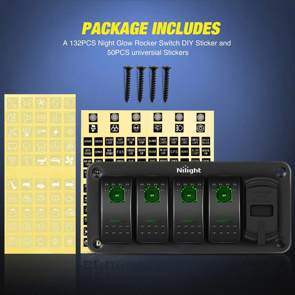 Rocker Switch 4Gang Aluminum 5Pin ON/Off Green Rocker Switch Panel w/ 4.8 Amp Dual USB Charger Voltmeter