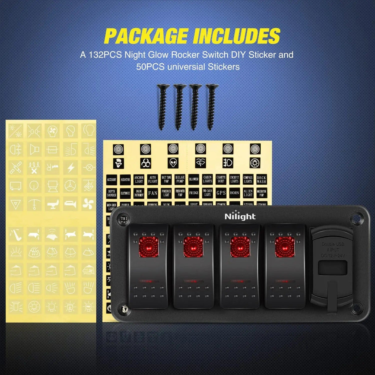 Rocker Switch 4Gang Aluminum 5Pin ON/Off Red Rocker Switch Panel w/ 4.8 Amp Dual USB Charger Voltmeter