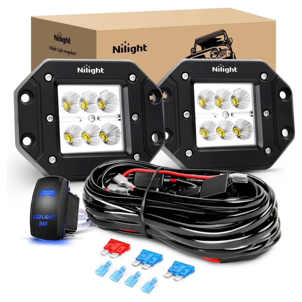 Light Bar Wiring Kit 4.8 Inch 18W Flush Mount Flood Led Work Lights (Pair) | 12V 5Pin Rocker Switch Wire