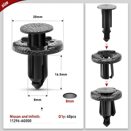 40 Pcs Head 20mm Hole 8mm Front Bumper and Radiator Support Push-Type Retainer 11296-AG000 For Nissan and Infiniti Nilight