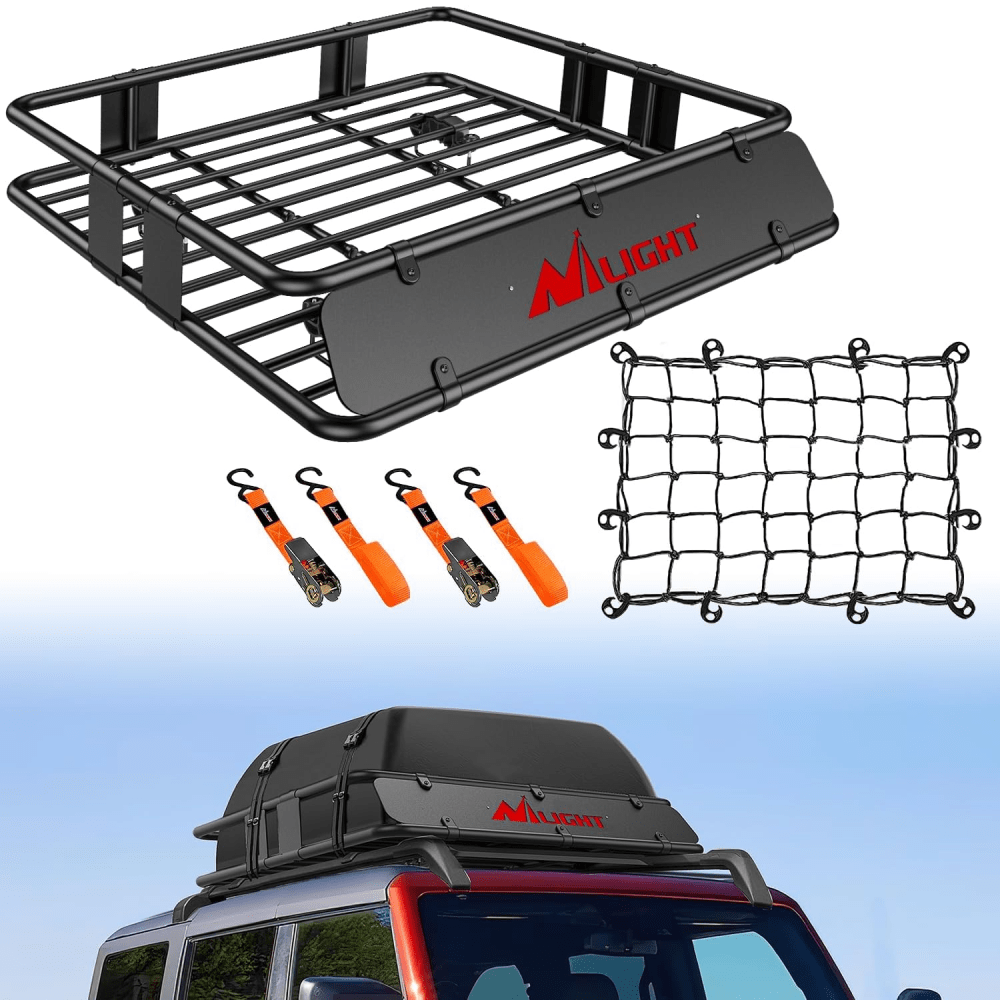 Universal Roof Rack Cargo Basket 43Inch x 39Inch x 6Inch With Cargo Net Ratchet Straps Luggage Holder Nilight