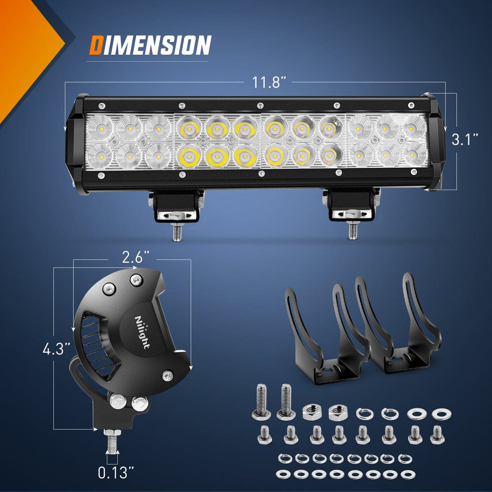 LED Light Bar 12 Inch 72W 5000LM Double Row Spot Flood LED Light Bars with Amber/Black Covers (Pair)