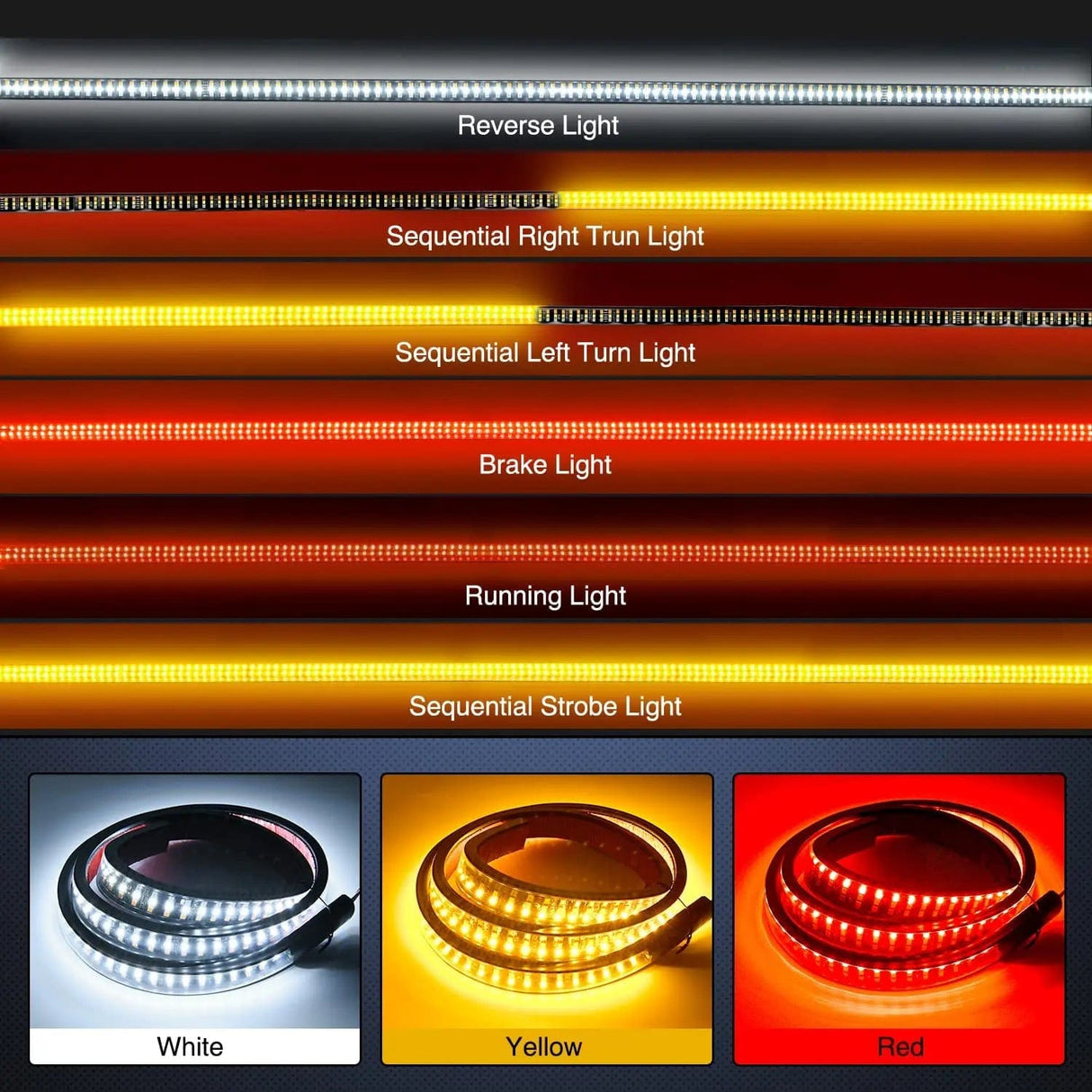 Led light Strip 48 Inch 360Leds Red White Amber Triple Row LED Tailgate Light Strip